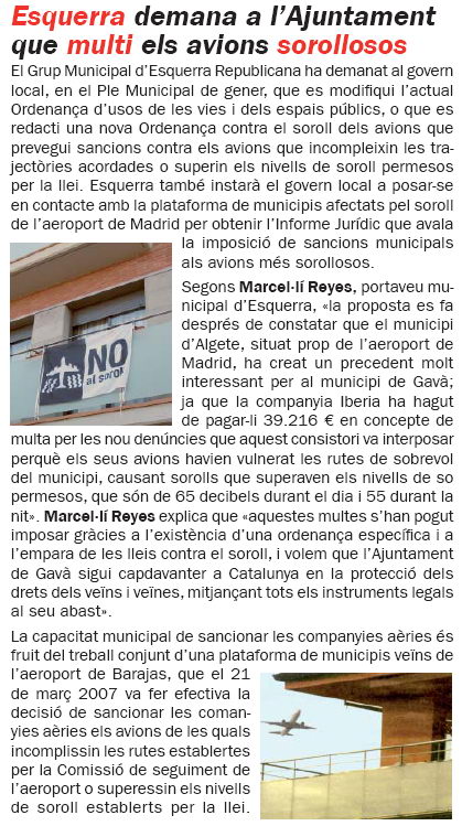 Noticia publicada en L'ERAMPRUNYÀ (Febrero de 2008 - Número 54) sobre la propuesta de ERC de Gavà en el Ayuntamiento de Gavà para que éste siga el ejemplo de Algete (Madrid) y sancione a los aviones que incumplan las trayectorias